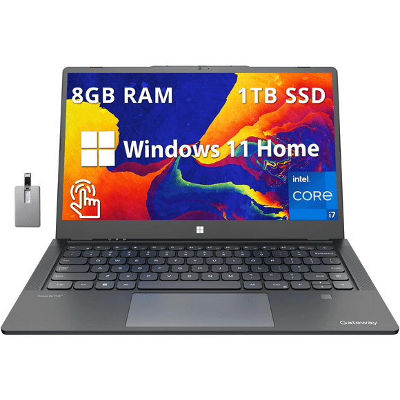 Gateway Ultra Slim Laptop, 14.1" IPS FHD Touchscreen Display,Intel Core i7-1255U, 8GB RAM, 1TB SSD, Intel Iris Xe Graphics, 2MP Camera, Fingerprint Scanner, Win 11, Black, 32GB Hotface USB Card