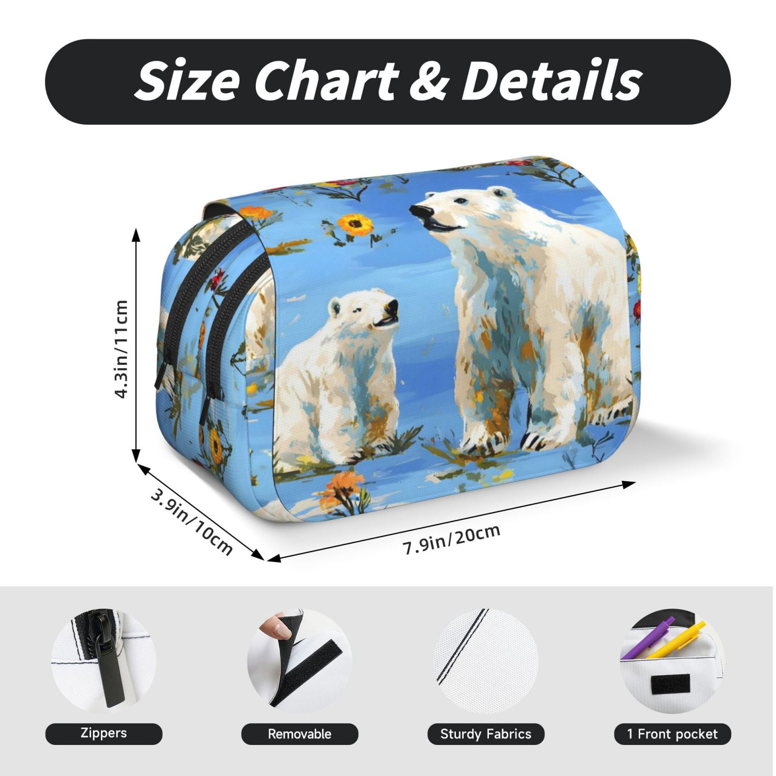 Large-Capacity Flip-Top Double-Layer Pencil Case, Multi-Functional Pocket Pen Case, Durable Stationery Organizer Polar Bear And Flower