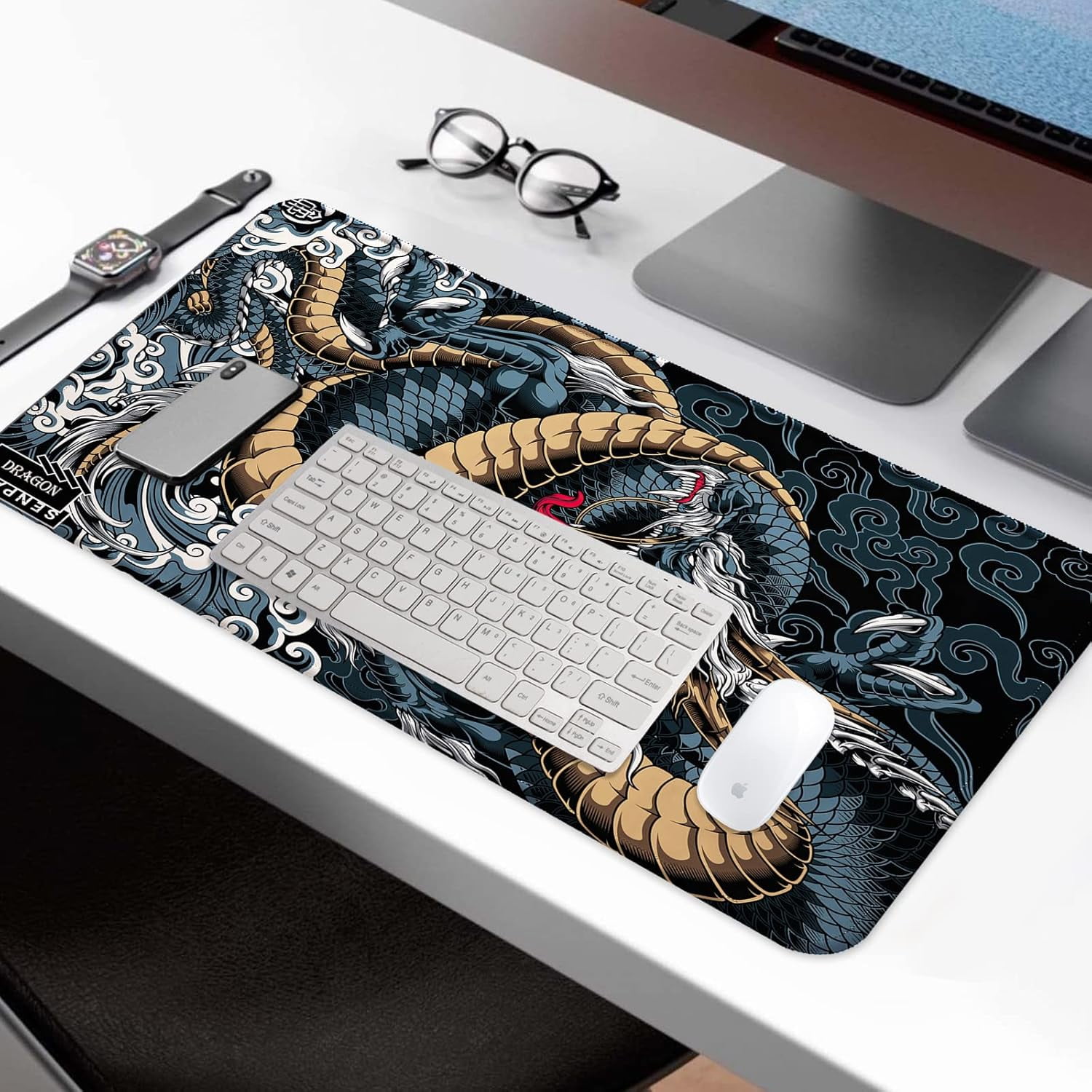 Dragon Mouse Pad, Gaming Office Home Mousepad, Computer Keyboard Laptop Desk Mat for Man, Large Extended Non-Slip Rubber Base, with Stitched Edges, 31.5x15.7x0.12 in, Dark Blue
