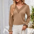 thumbnail image 3 of AherBiu Spring Causal Tops for Women Long Sleeve Crochet V Neck Comfy Loose Tshirt Tunic Blouse, 3 of 7