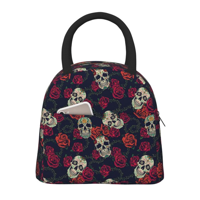 Disketp Roses Skulls Bolsa Térmica para Almuerzo, Lonchera con Abertura Amplia y Gran Capacidad, Organizador Reutilizable para Mujeres, Hombres y Adultos