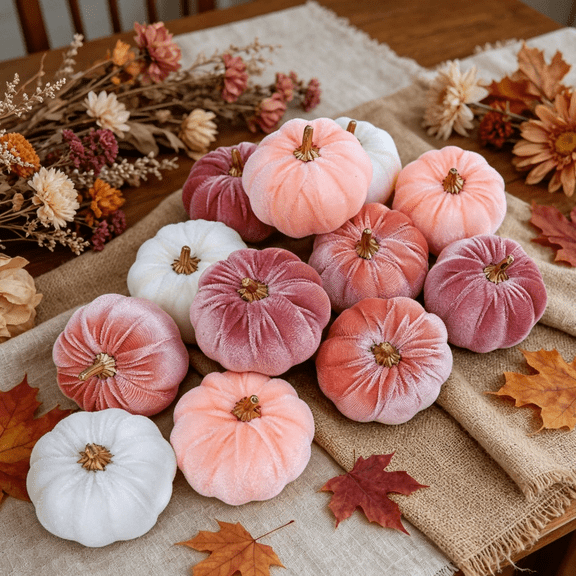 SINKOO Pink Pumpkin Decor 16pcs Artificial Velvet Pumpkins Foam Fabric Pumpkins Decoration for Fall Home Farmhouse Halloween Harvest Thanksgiving Table Centerpieces