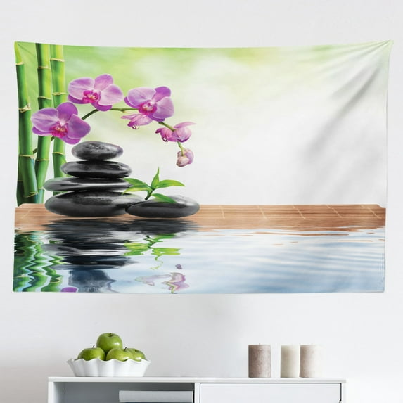 Spa Tapestry, Theme Lily Lotus Flower and Rocks Yoga Style Purifying Your Soul Theme, Fabric Wall Hanging Decor for Bedroom Living Room Dorm, 2 Sizes, Blue Pink Green, by Ambesonne