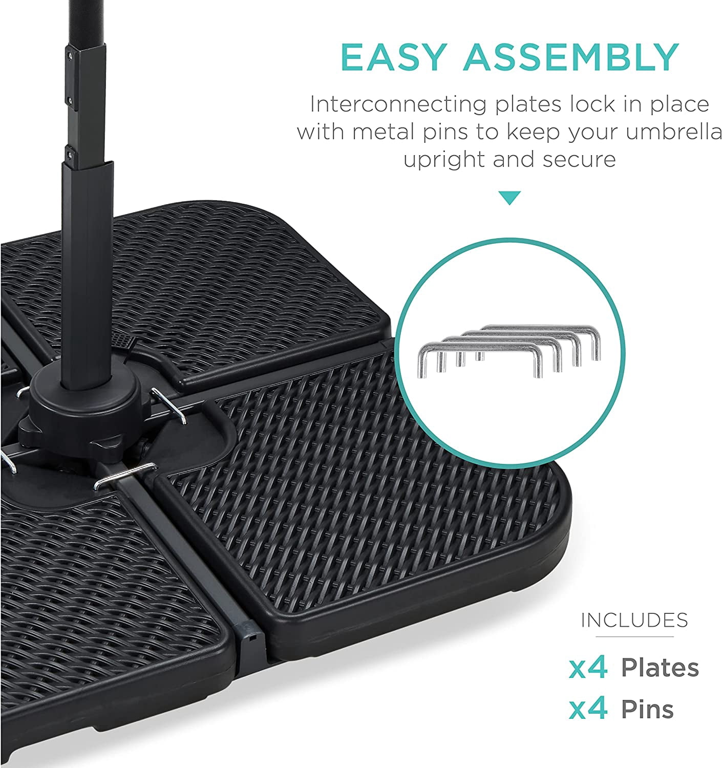 WBTER 4-Piece 174lb Capacity Faux Wicker Cantilever Offset Patio Umbrella Stand Heavy-Duty Square Plate Set w/Easy-Fill Spouts for Water or Sand