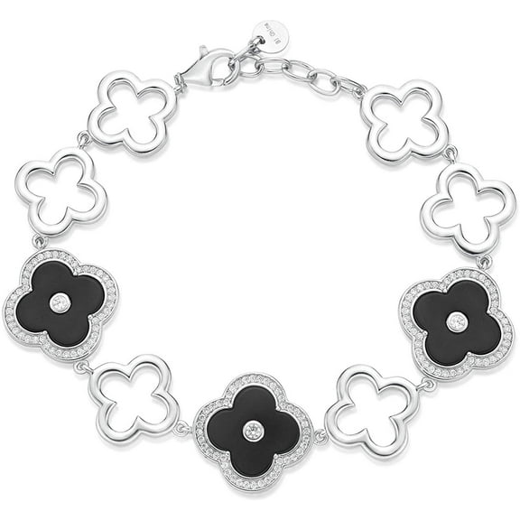 Black Onyx Flower Bracelet for Women in 925 Sterling Silver with Rhodium Plating Adjustable Lobster Claw by Lavari Jewelers