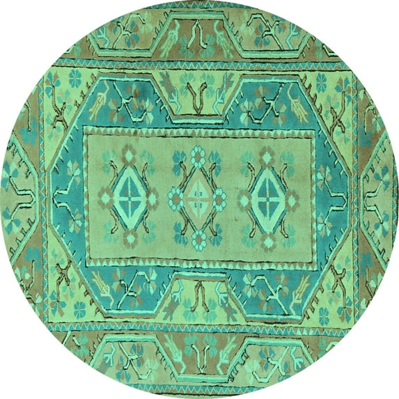 Ahgly Company Machine Washable Indoor Round Oriental Turquoise Blue Traditional Area Rugs, 8' Round