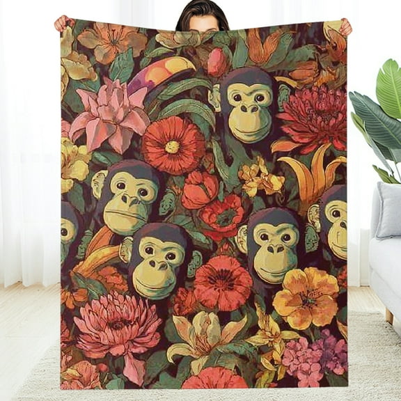 Creowell Monkey Blanket Gifts for Adults Kids Soft Warm Lightweight Cozy Cute Jungle Animal Flower Throw Blankets for Bed Sofa Couch Living Room Decor 30*40in