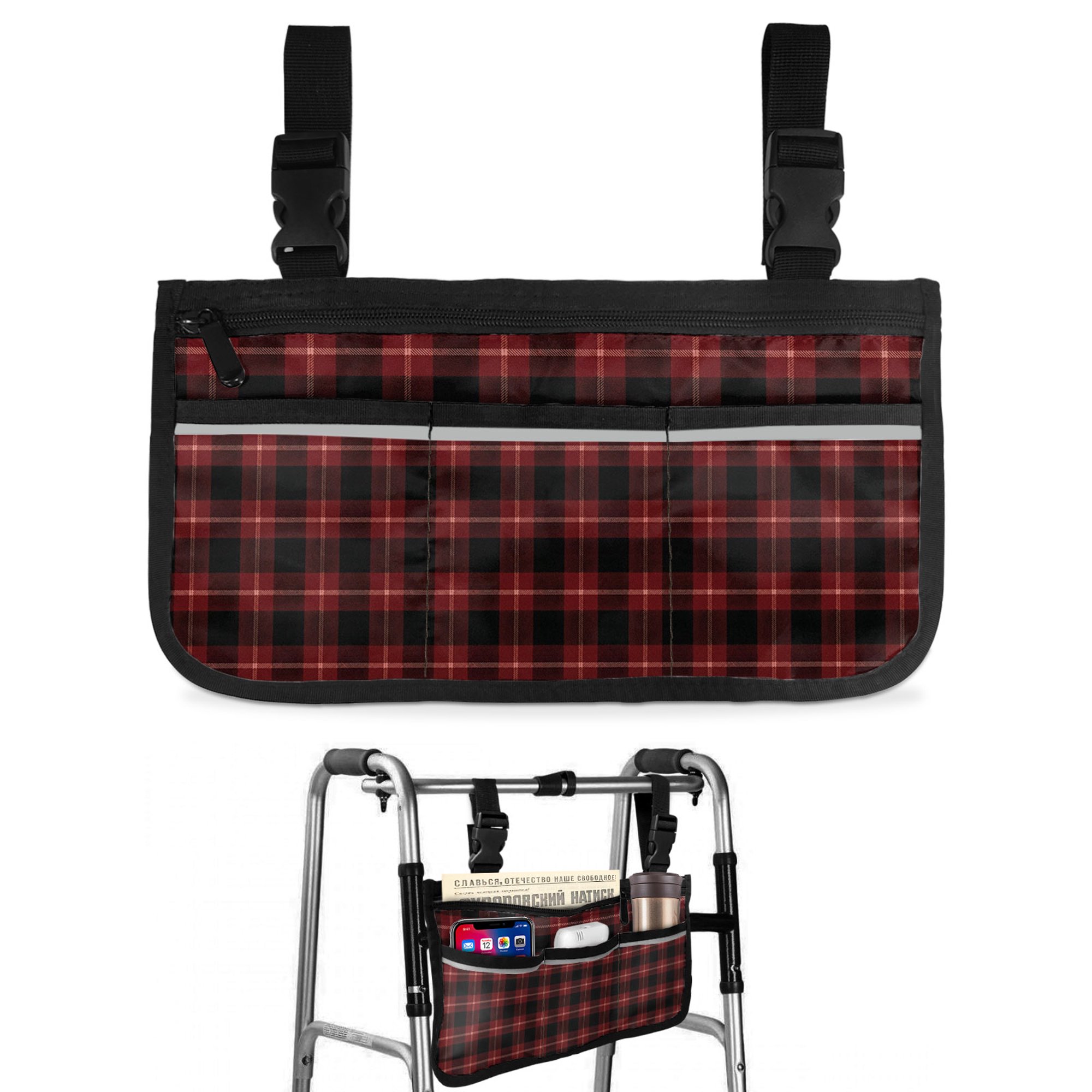 Red Black Buffalo Plaid Wheelchair Side Bag with Cup Holder, Country Rustic Classic Farmhouse Checkered Grids Wheelchair Armrest Bag Storage Pouch Adults, Seniors for Walkers, Rollator, Scooter