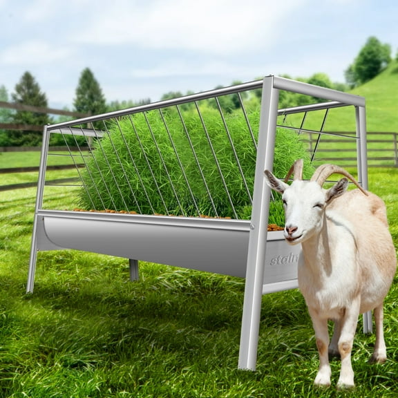 Pasture Feeder, Stainless Steel Frame Large Livestock Feeder, Goat Hay Feeder, Heavy-Duty Hay Grain Livestock Feeder, Livestock Feeding, Alloy Steel, 77 Gallon Capacity, Silver, for Sheep Trough