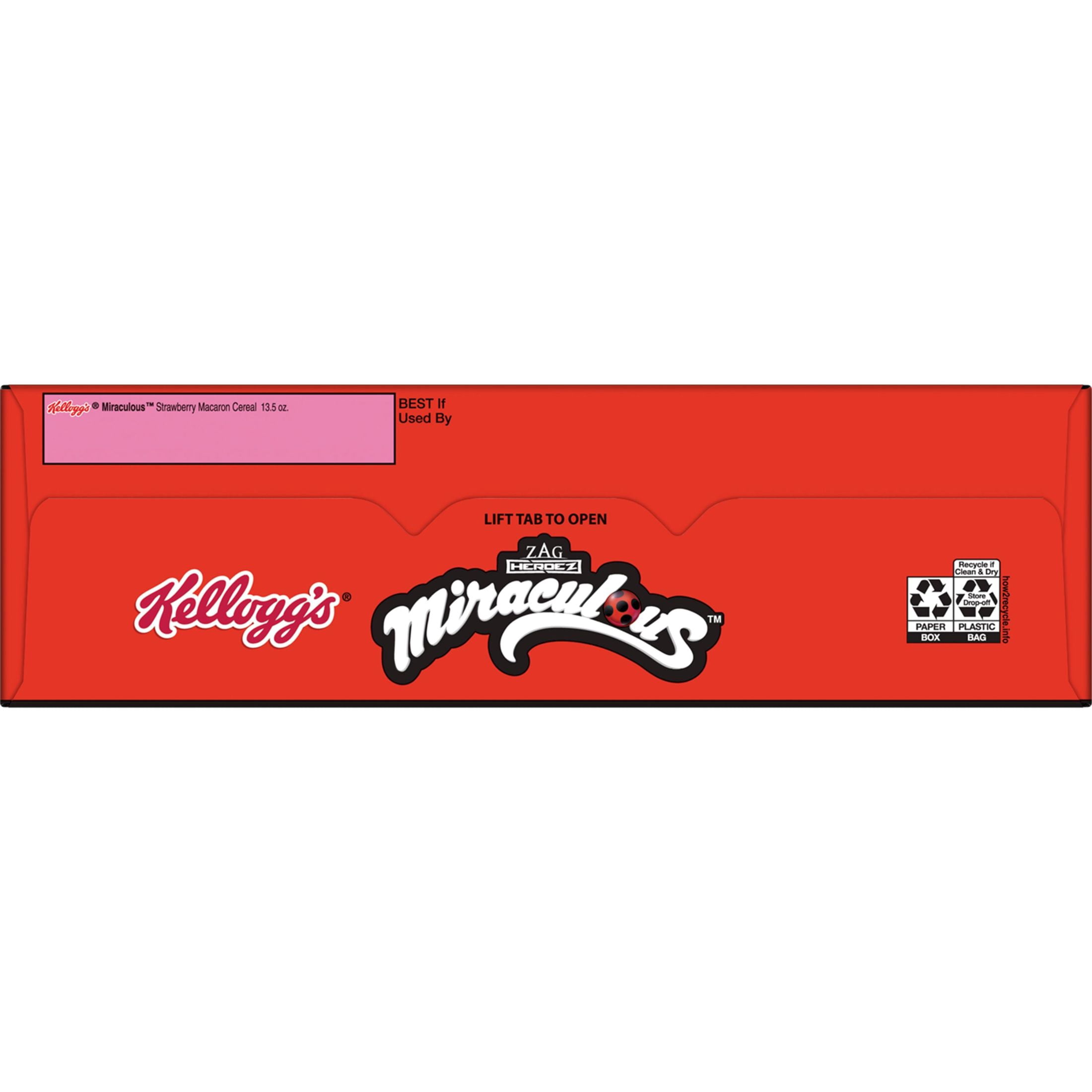 Kellogg's Miraculous Tales of Ladybug and Cat Noir Cold Breakfast Cereal, Kids Snacks, Family Size, Strawberry Macaron, 13.5oz Box (1 Box)