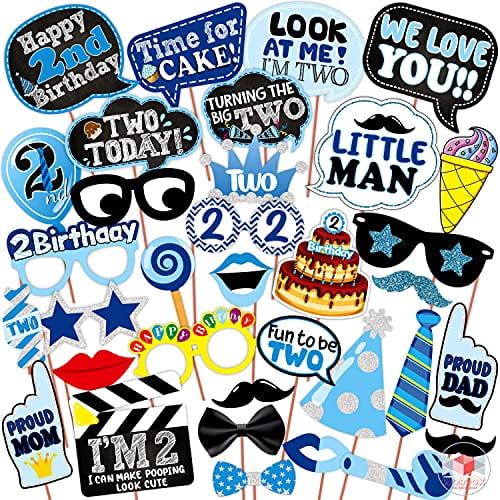 WOBBOX Second Birthday Photo Booth Party Props Blue for Baby Boy , 2nd