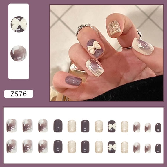 Milk White & Purple Fake Nails Exquisite Applique Manicure Accessories for Women and Girls Nail Decor Glue Models