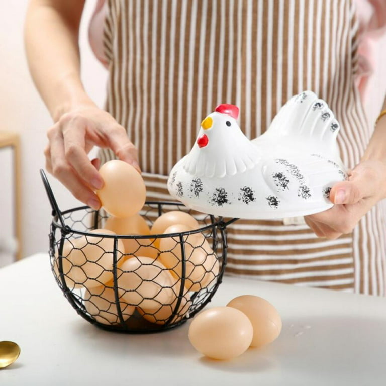 SweetCandy 7.5X8.6 Chicken Egg Basket Small Black Wire Egg Basket with  Ceramic Lid and Handles for Gathering Fresh Eggs Cute Chicken Home  Countertop