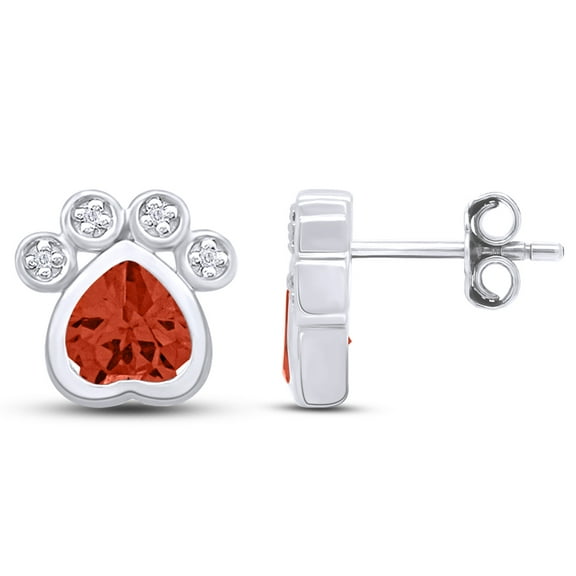 Pet Love Heart Cut Simulated CZ Paw Print Stud Earrings In 14K White Gold Over Sterling Silver