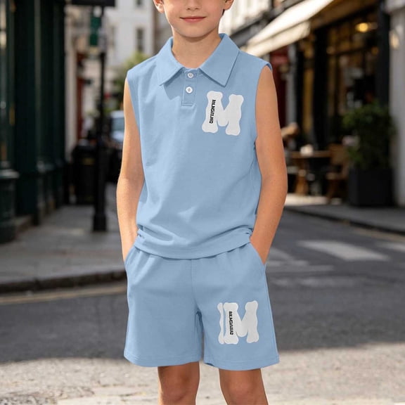 ITSAME Boys Summer Outfit Set Lapel Sleeveless Tank & Shorts 2-Piece Summer Fashion Casual Set Blue Size 7