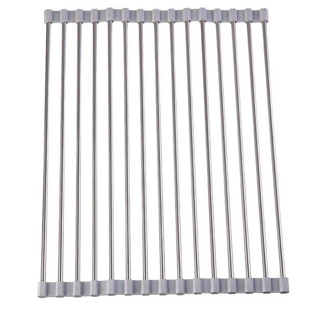 Rejilla para secar platos, rejilla para secar platos enrollable, rejilla para platos de cocina, rejilla para secar fregadero de acero inoxidable, escurridor de platos plegable, gris
