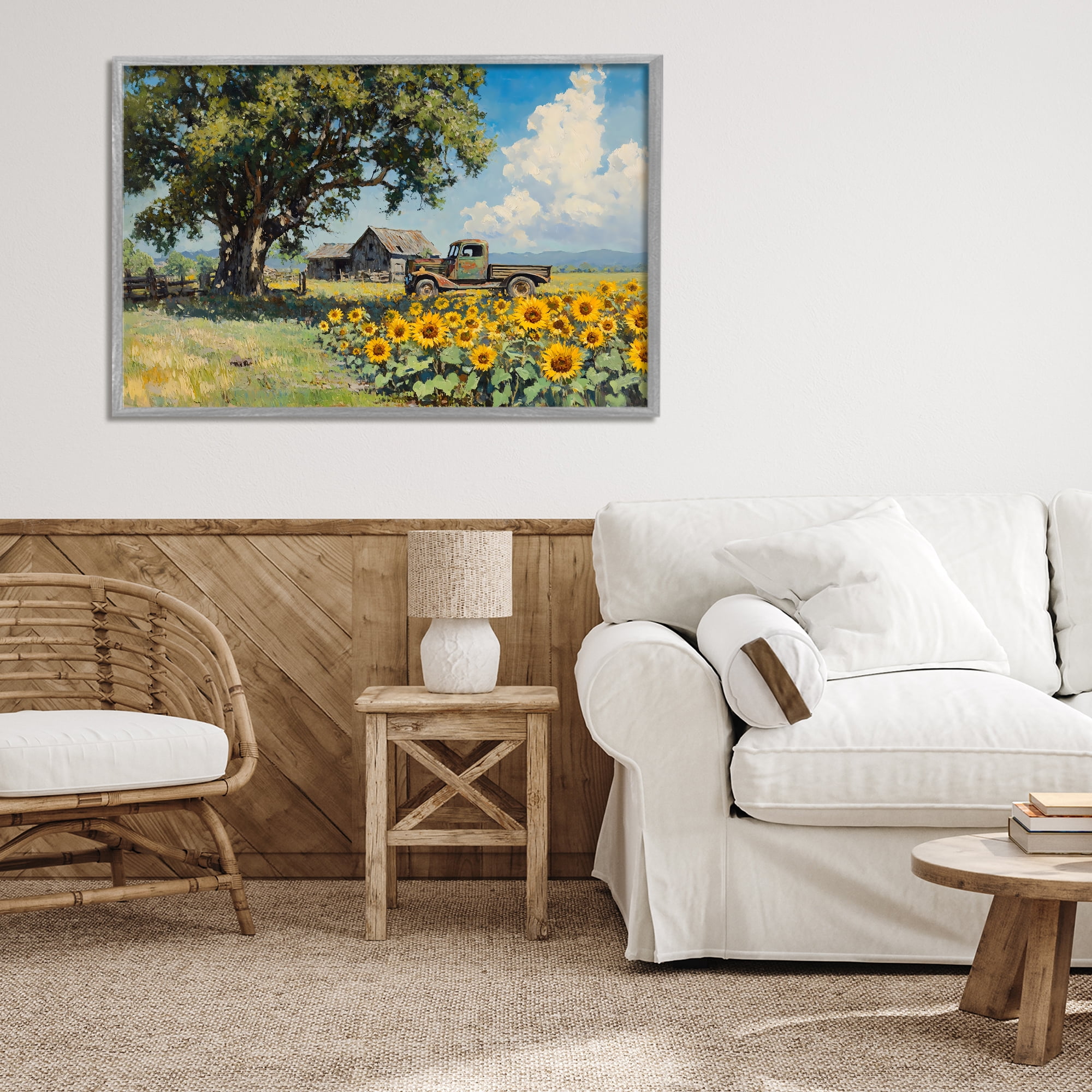 Stupell Industries Sunflower Pickup by Old Barn Gray Framed Giclee Art, design by Franklyn Gregory