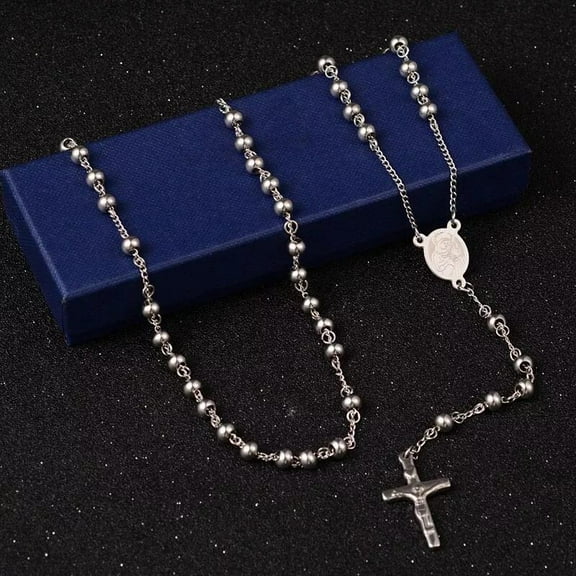 Stainless Steel Rosary Beads Necklace Crucifix Cross Prayer Virgin Mary N31