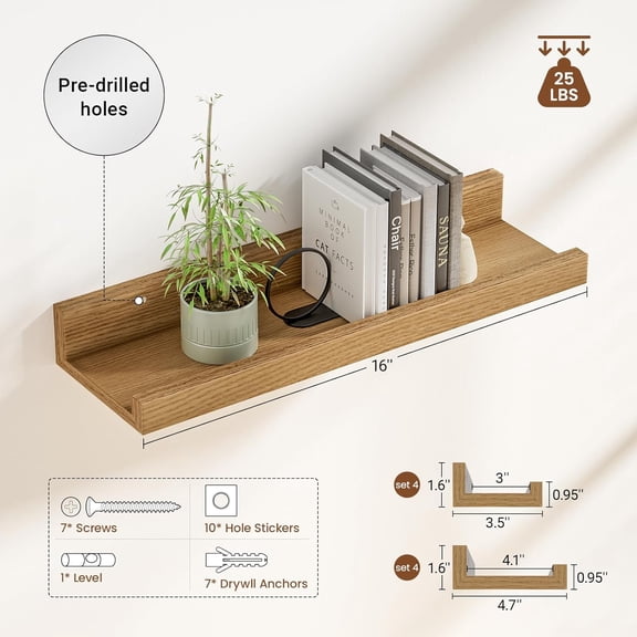 24 inch Picture Ledge Shelf Set of 8, Long Floating Shelves for Wall, Oak Picture Shelf with Lip for Wall Decor