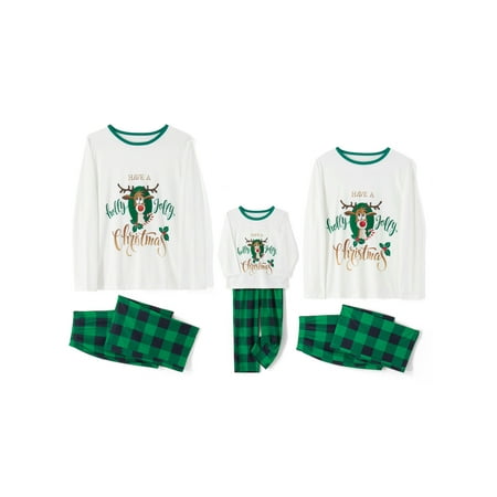 

EYIIYE Family Matching Christmas Pajamas Set Elk Letter Print Long Sleeve Tops Plaid Pants Xmas Holiday Nightwear Sleepwear Psj