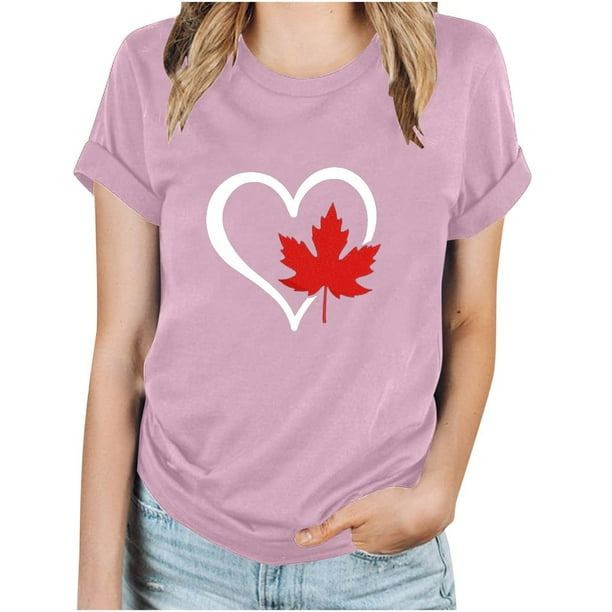 Camisetas de Manga Corta para Mujeres Canadá Día Hoja de Arce Impresión Básica de Verano Tee, Cuello Redondo Camiseta Casual