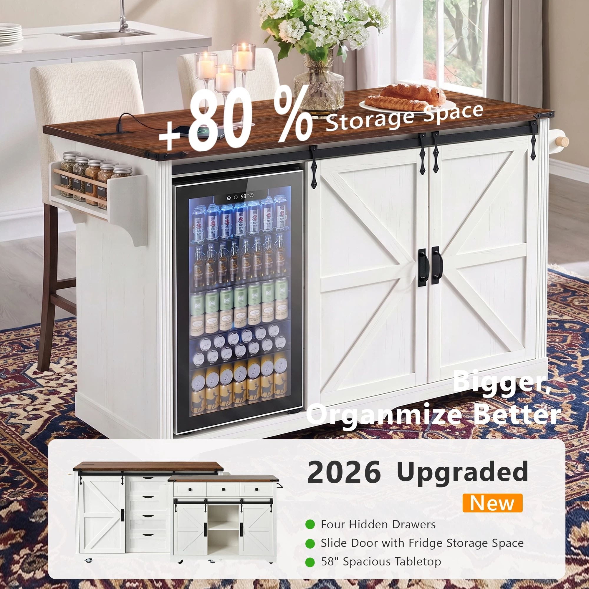 Euroco Kitchen Island on Wheels with Storage,Coffee Bar Cabinet with Fridge Space,Power Outlet,4 Drawers,Glass Holder & Drop Leaf,Rolling Island Kitchen Table for Dining Room,White