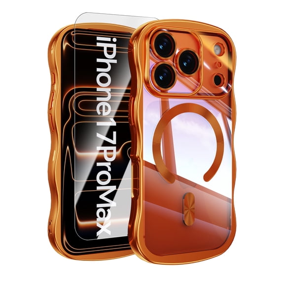 Dteck Magnetic Case with Tempered Glass Screen Protector for iPhone 17 Pro Max,Shockproof Wavy Clear Case Compatible with Mag Safe Electroplated TPU Cover for iPhone 17 Pro Max,Orange