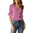 thumbnail image 6 of INSPIRE CHIC Women's Ruffled V Neck Puff Elbow Sleeve Semi-Sheer Chiffon Blouse XS Purple, 6 of 9