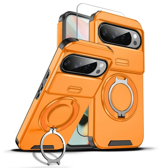 Allytechgroup Magnetic Case For Google Pixel 10 Pro XL with Slide Camera Cover, [1x Screen Protector] 360° Rotated Ring Kickstand Magnetic Car Mount Support Shockproof Protective Cover, Orange