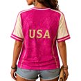 thumbnail image 4 of USA 2026 Soccer Cup Fan Jersey for Women, V-Neck Short Sleeve T-Shirt with Vintage Floral & Gold Letter Print, Breathable Casual Sports Tee Pullover Top, 1 PC Hot Pink XL, 4 of 5