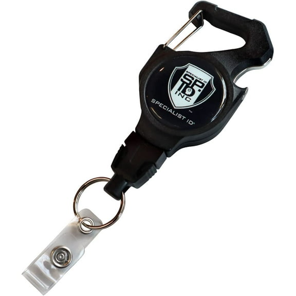 Heavy Duty Badge and Key Reel Holder with Bottle Opener - Detachable Split Ring Clip Keychain - Secure Carabiner Attachment - Long Pull Retractable Cord for Multiple Keys by Specialist ID (Black)