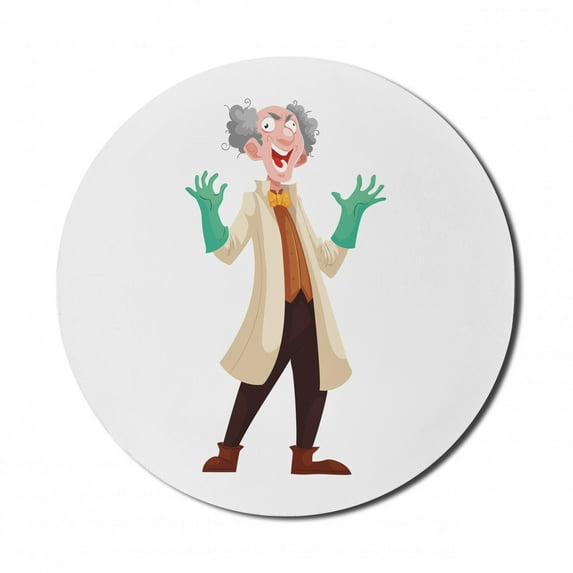 Colorful Mouse Pad for Computers, Cartoon Style Mad Professor with Bushy Hair in a Lab Coat Gloves, Round Non-Slip Thick Rubber Modern Mousepad, 8" Round, Charcoal Grey Multicolor, by Ambesonne