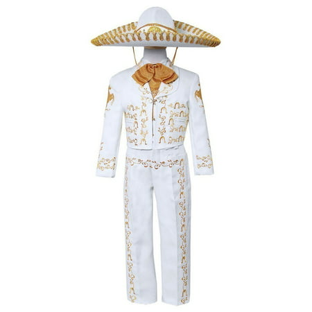 Boys White Gold Embroidered Mariachi Pants Jacket Hat Set