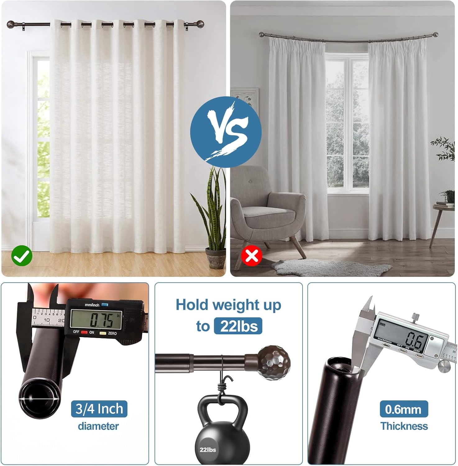 Urbanest Adjustable Single Curtain Rod Set Hammered Ball Finials – 3/4-Inch Diameter, With Bronze Rod, 48–84 Inches