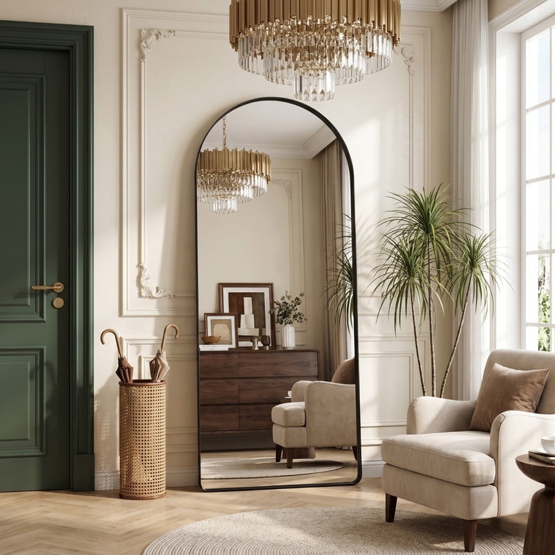 Easy4Home 71"x30" Oversized Arched Full Length Mirror with Deep Metal Frame Freestanding Floor Dressing Mirror, Black
