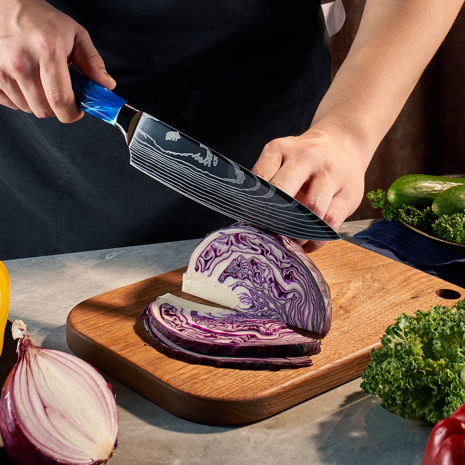 8-piece Premium Japanese Kitchen Knife Set with Blue Resin Handle & Laser Damascus Pattern - Chef's Knife, Paring Knife, Bread Knife & More