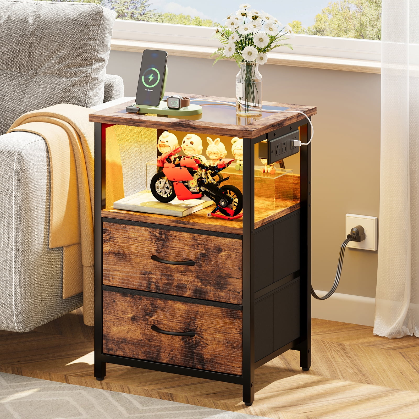 Tomnk 2 Pack Rustic Brown Nightstands with LED Lights, Charging Station, Drawers