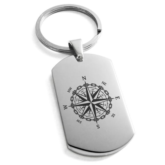 Stainless Steel Nautical Chaim Compass Engraved Dog Tag Keychain Keyring