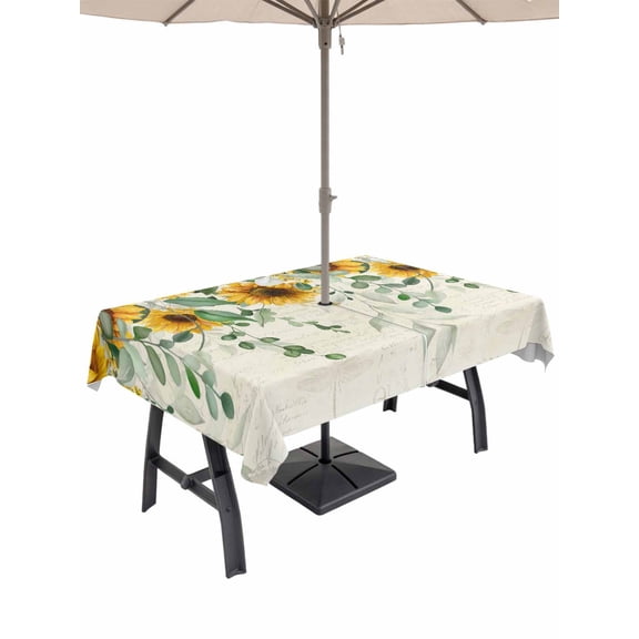 Outdoor Tablecloth with Umbrella Hole for Patio/Picnic/Party/Camping, Yellow Sunflowers Waterproof Table Cloth Rectangle Table Cover Washable, Vintage Green Eucalyptus Leaves Beige (60"x 102")