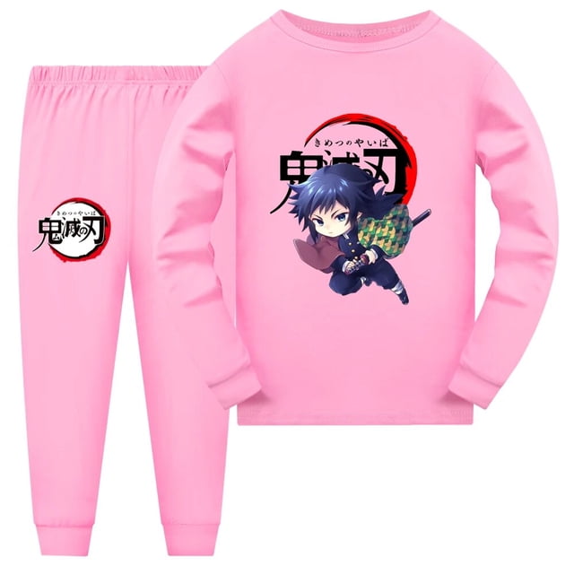 conjuntos de pijamas para niños demon slayer, ropa de casa de dibujos animados para niños, traje informal de manga larga para niñas, conjunto de pijamas de navidad, ropa de dormir — pijama infantil rosa talla 120 cm; conjunto de punto algodón/poliéster con cuello redondo y mangas largas, camiseta con gran estampado de personaje estilo anime y logotipo circular en el pecho y pantalón con cintura elástica y pequeño gráfico en la pierna; corte según talla real; a menudo usado como conjunto cómodo para dormir o ropa de casa.