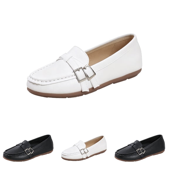 Domuza Women's White Buckle Loafers, slip-on flat moccasins with classic design. Comfy non-slip sole, ideal for work, dressy and casual daily wear. White 9(EU-42)