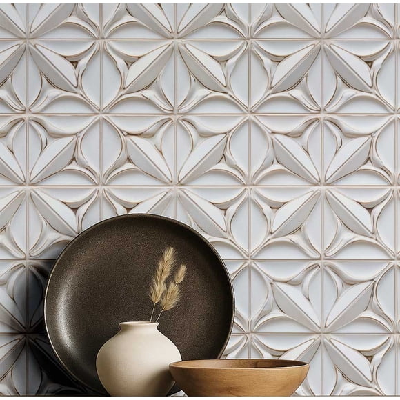 S4Sassy Vintage Style Waterproof Wall Wrap, Textured Finish Mosaic Tile Wallcover, Floral Tile Print Contact Paper For Backsplash, Self Adhesive Vinyl Wallpaper Roll, Diy Home Decor - White-25"X360"