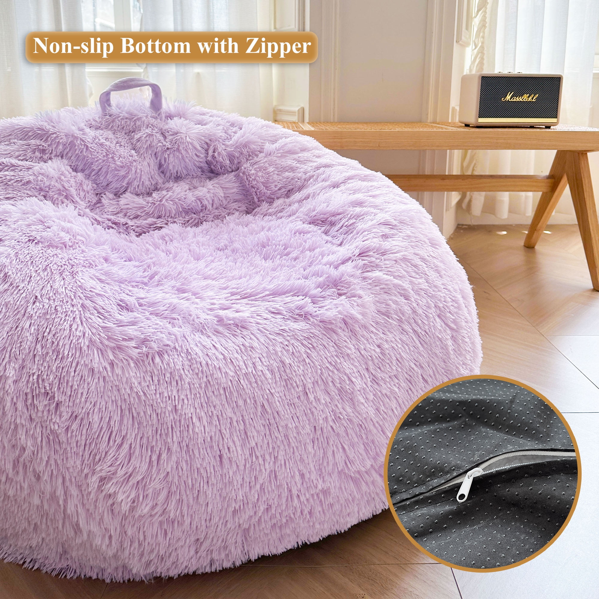 XeGe Faux Fur Comfy Bean Bag Cover for Living Room(No Filler), Fluffy Stuffed Animal Storage Bean Bag Chair Cover Light Purple, Furry Fuzzy Beanbag Cover for Adults Kids Girls, Anti-slip, Lavender
