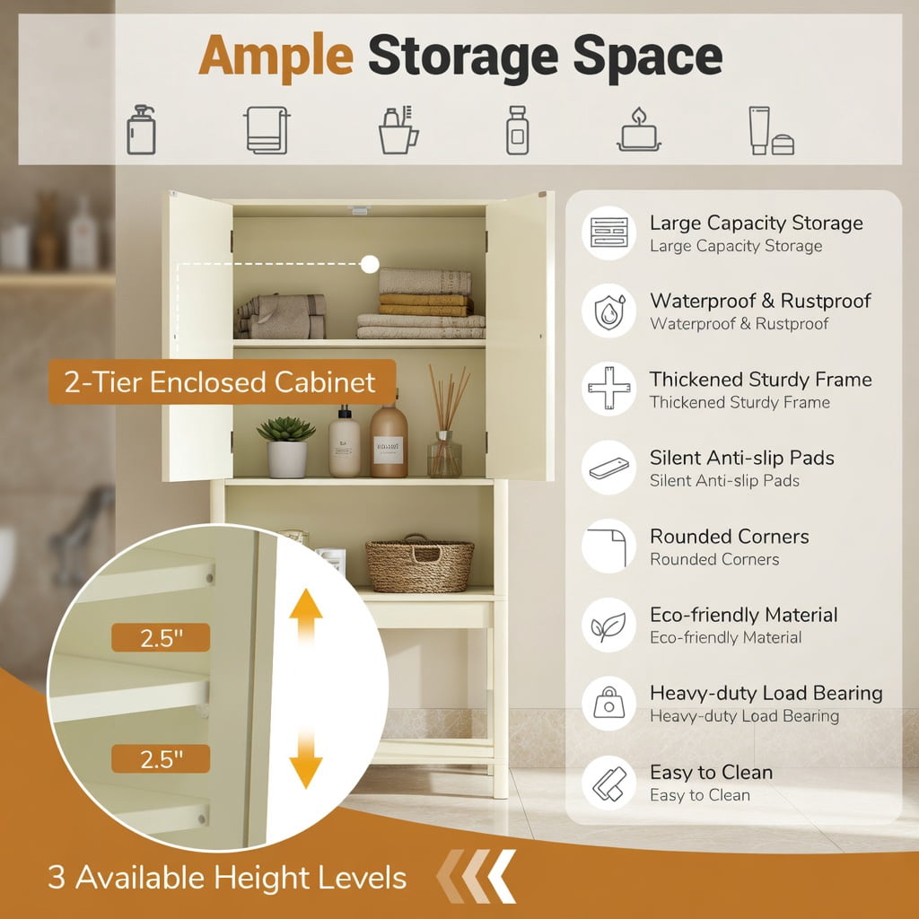 Hommoo Over-the-Toilet Storage Cabinet with Fluted Beige Doors, Adjustable Shelves & Bottom Bar, MDF Bathroom Organizer for Small Spaces, Beige