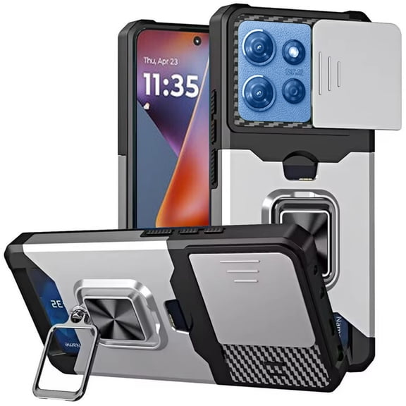 Military Grade All-In-One Ring Stand Card Case for Motorola Moto G 2025 - Silver