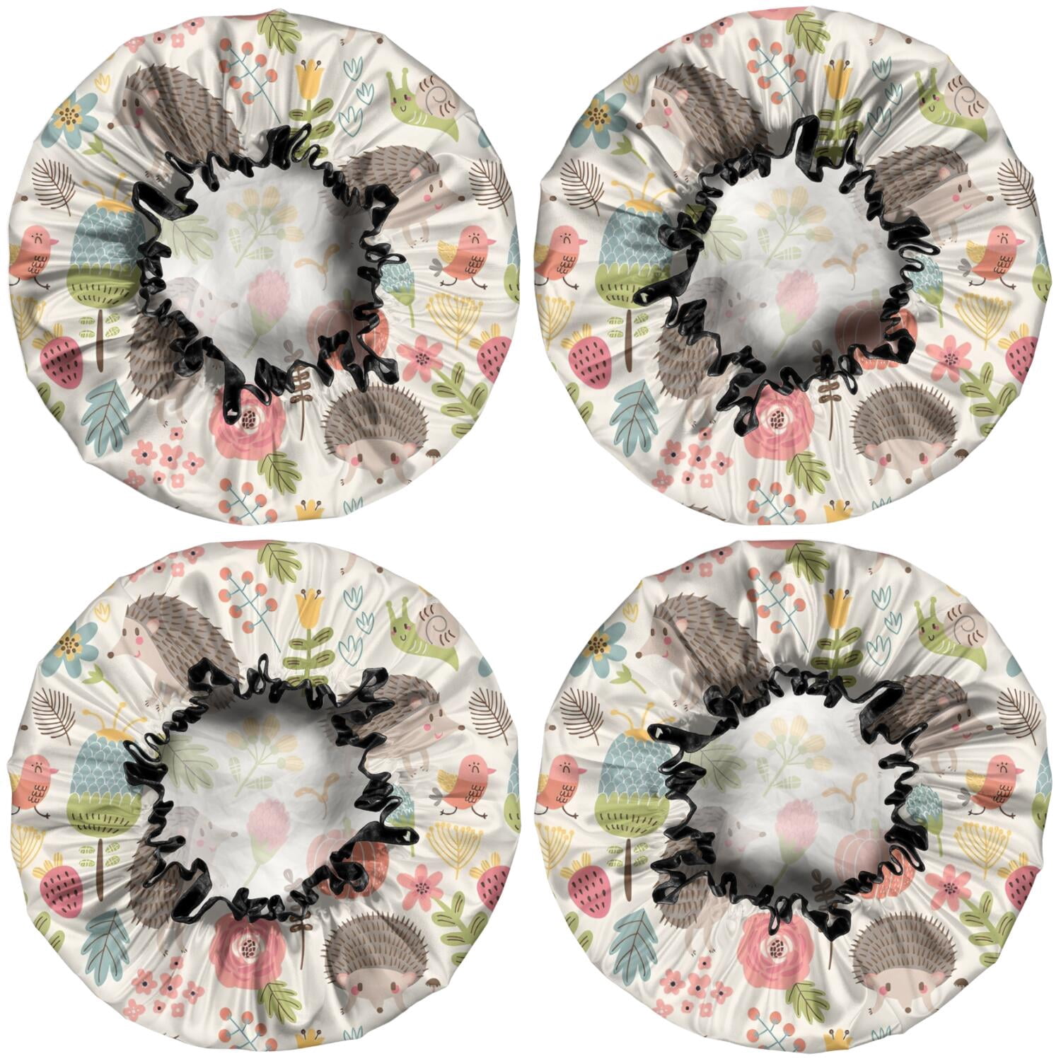Shower Caps,Cute Hedgehog Pattern with Pioneer Flower Waterproof Shower Cap for Women 4 Pieces,Double Reusable Hair Cover for Shower PEVA Elastic Stretch Hem