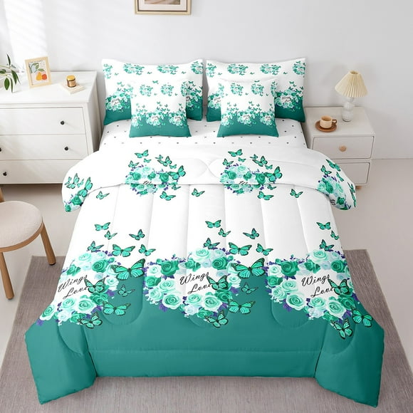 Erosebridal King Comforter Set 7 Pieces,Rose Reversible Bed in a Bag King,Butterfly King Bedding Set,Romantic Comforter, Flat Sheet, Fitted Sheet, Pillowcases