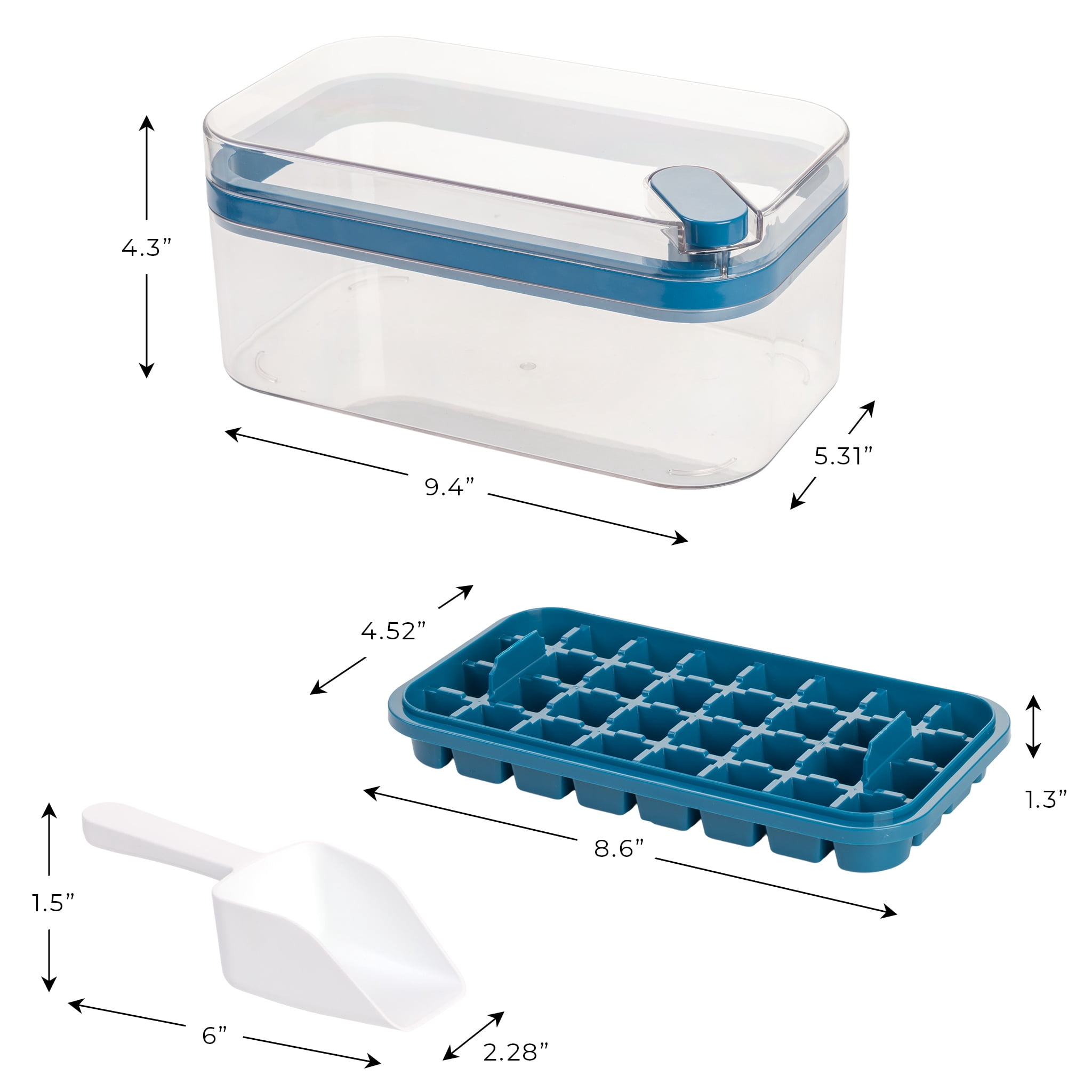 Mainstays 4-Piece Ice Cube Tray Set with Bin and Scoop for Freezer Storage