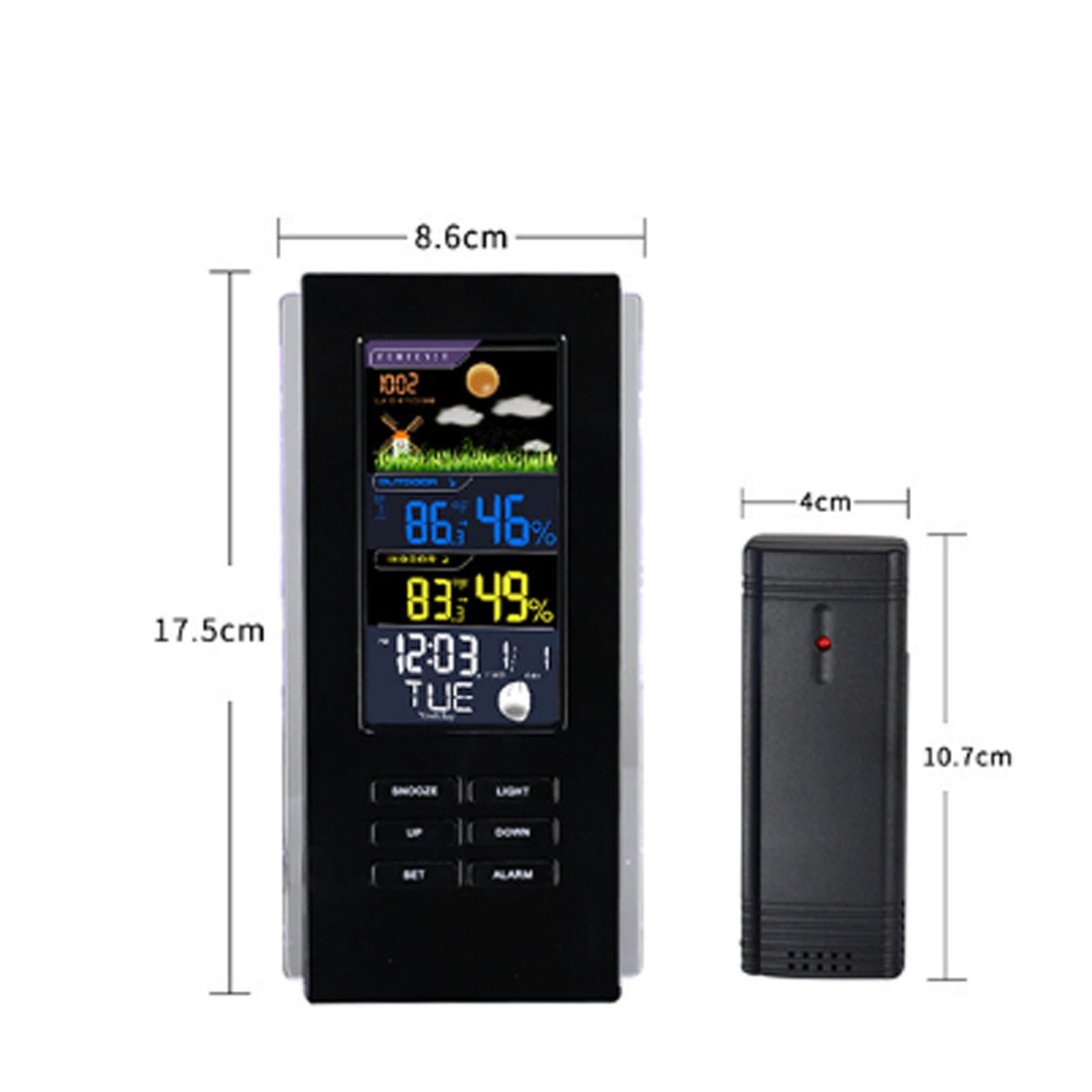 Xirurus Wireless Weather Station with Color Display – Indoor/Outdoor Thermometer, Hygrometer, Smart Alarm Clock, Rain & Snow Gauge, Black