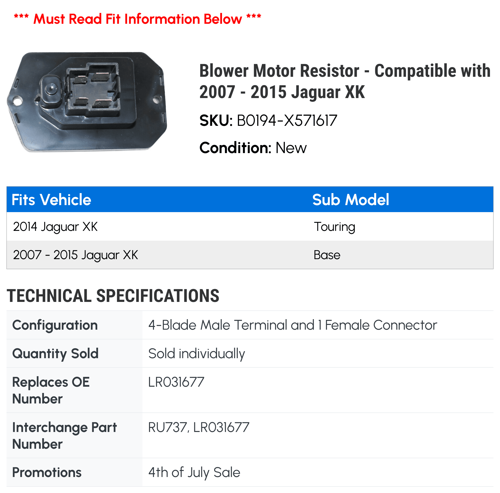 Blower Motor Resistor - Compatible with 2007 - 2015 Jaguar XK 2008 2009 2010 2011 2012 2013 2014